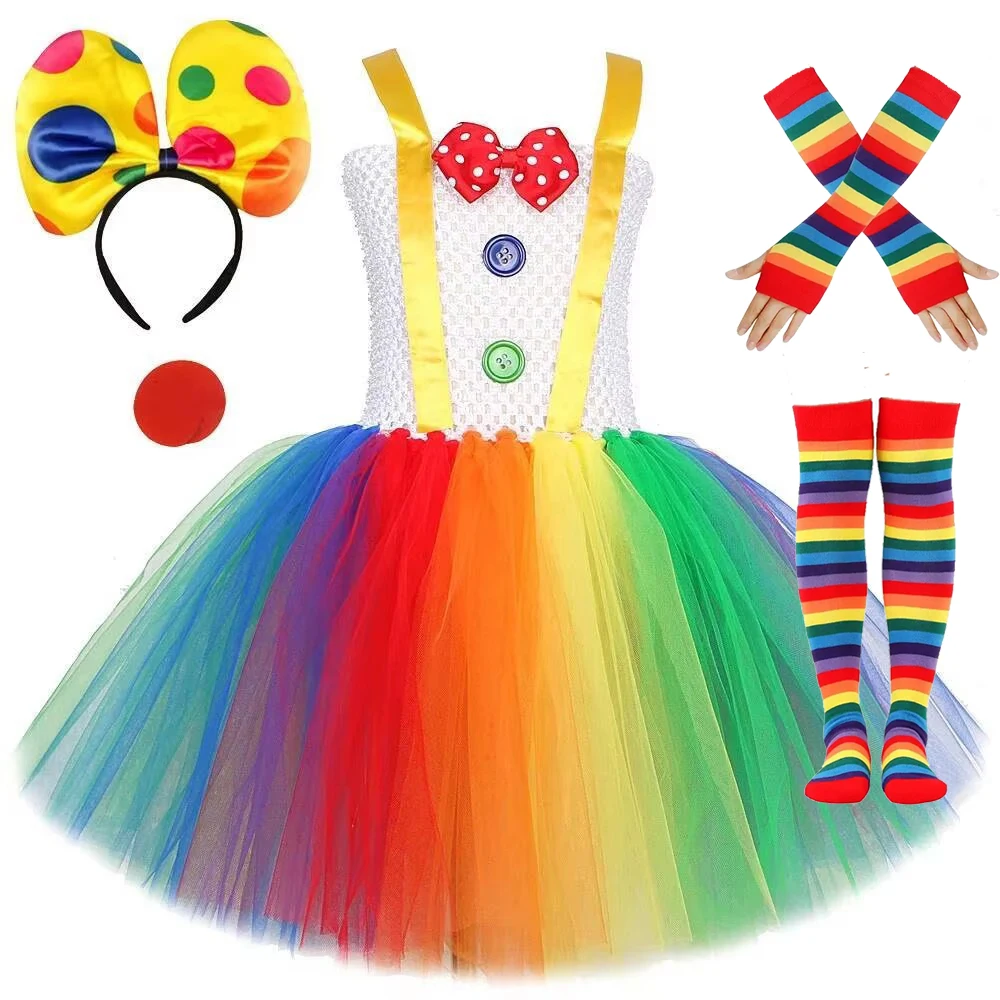 Regenbogen-Clown-Kostüme für Mädchen, Weihnachten, Halloween, Tutu-Kleid für Kinder, lustiges Zirkus-Joker-Outfit, Kinder-Neujahrskleidung