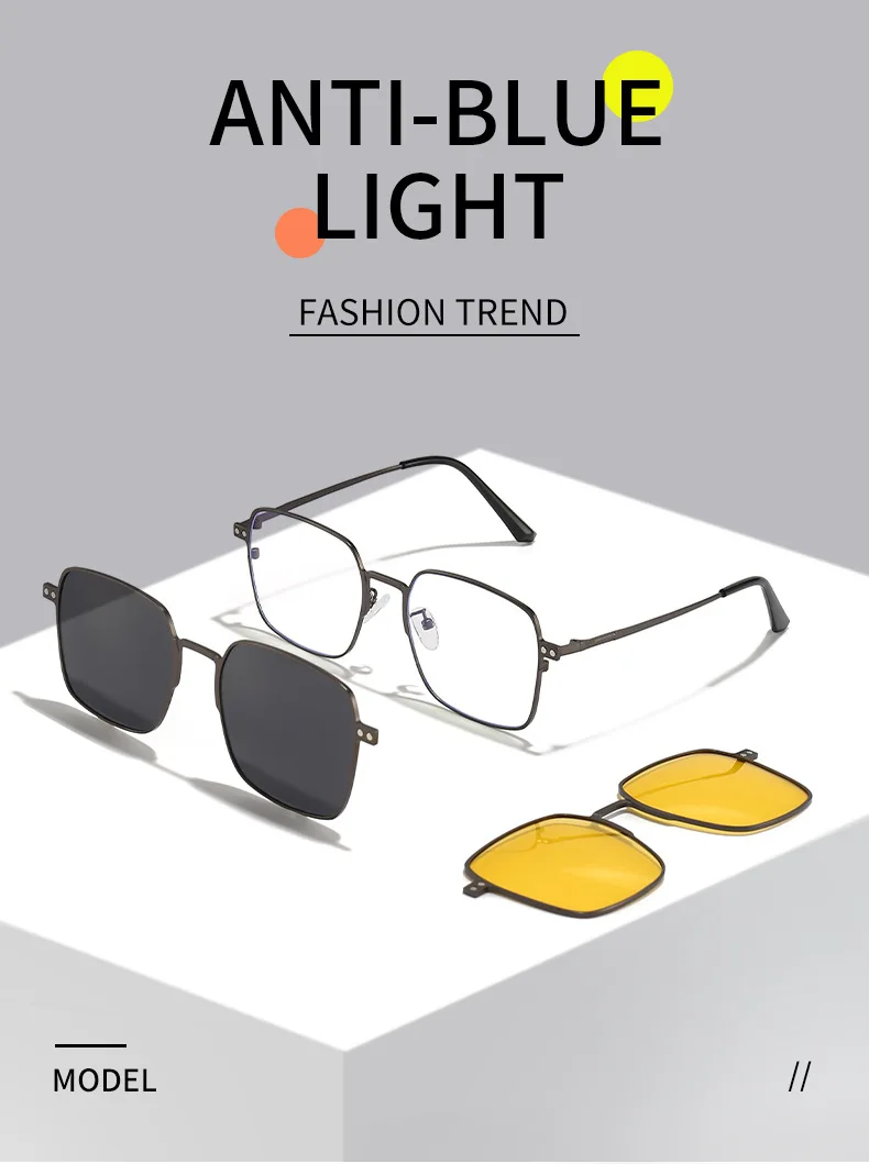 

BEMORE High-Quality Metal Square Optical Glasses Man Clip on Sunglasses Anti-Blue Light Photochromic Brown Eyeglasses