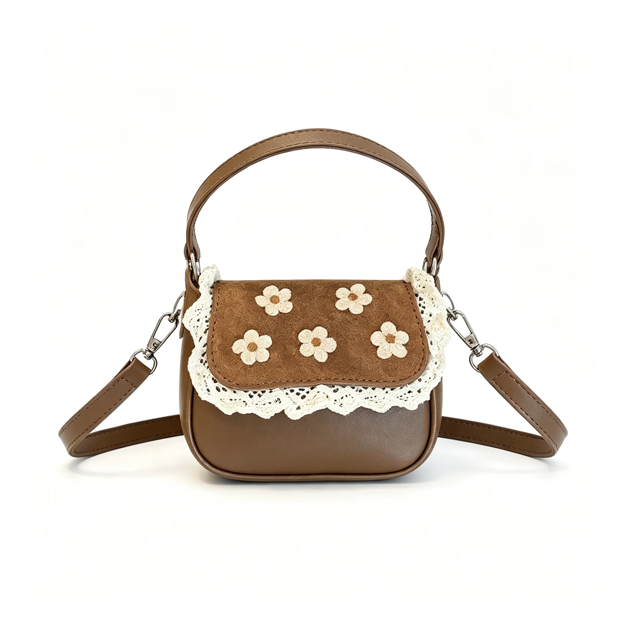 Pink Red Yellow Brown Vintage Mini Crossbody Bag for Girls, Lace Floral Embroidered Handbag, Cute Children Shoulder Coin Purse