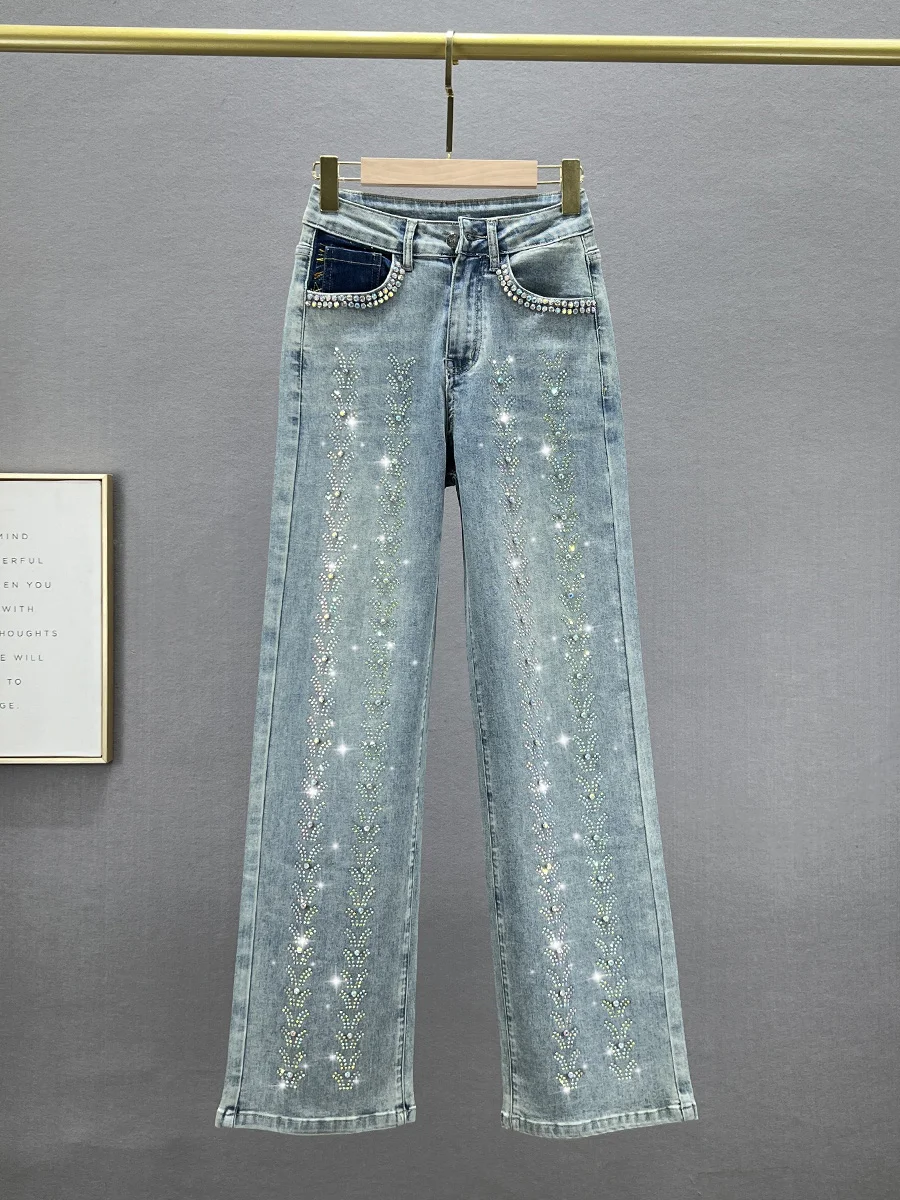 

Женские джинсы Heavy Du с высокой талией, свободного кроя, с бриллиантовой отделкой, весна-лето, длинные, из эластичного хлопкового денима, модный тренд