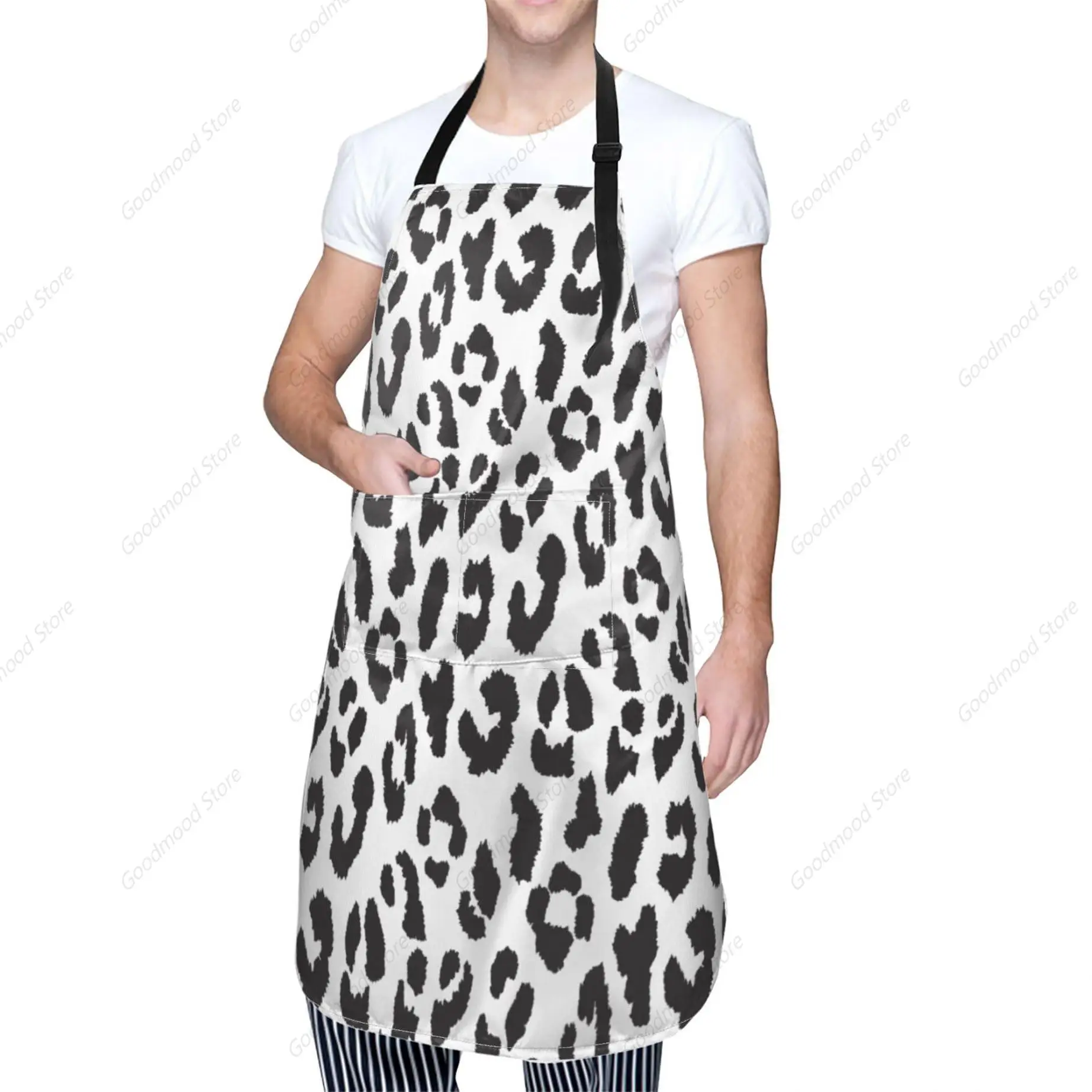 Leopard Cooking Apron For Women Men With Pockets,Black And White Leopard Skin Oxford Cloth Kitchen Apron With Adjustable Neck