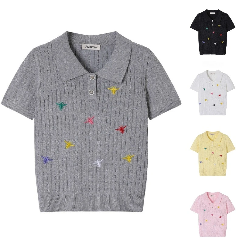 Summer Bee Embroidery Short Sleeve Women's T-shirt Fashion and Comfortable POLO Polo Knit Fried Dough Twists Slim Fit Top