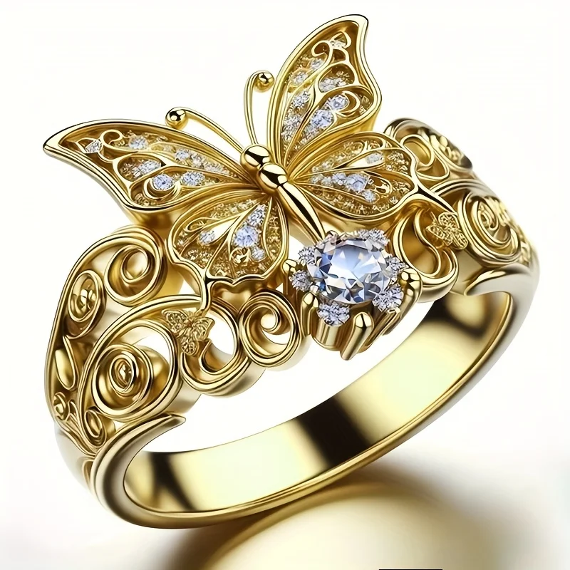 Eleganter Schmetterling-Blumen-Ring mit Synthetischem Zirkon, Vergoldeter Kupferring, Damen Leichter Luxus Retro Blumenschmuck