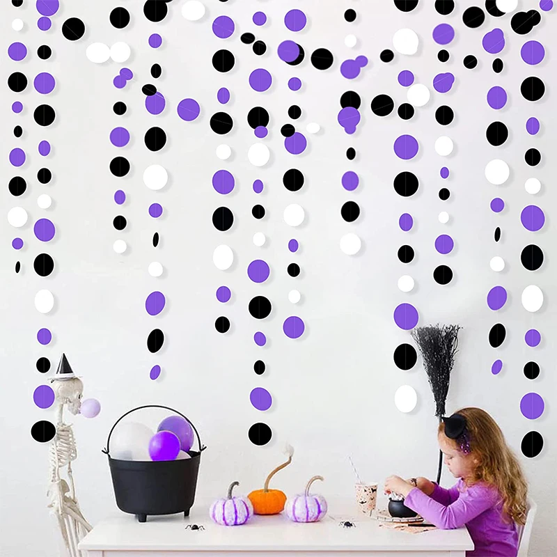 

Purple Black Halloween Birthday Decoration Purple Circle Garlands Polka Dot String Chain Hanging Paper Streamer Graduation Party