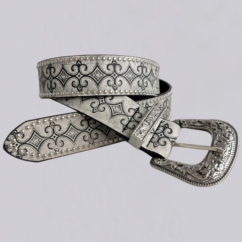 Ainworth Patterned Studded Leather Vintage Texture Vibe, Western Cowboy Belt With Embossed Studs And Beads, Retro Style