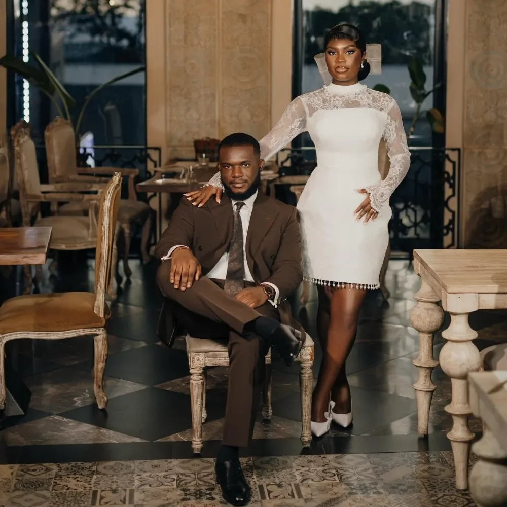 Prachtige witte kant zeemeermin trouwjurken hoge hals kant lange mouwen korte bruidsjurk voor Afrikaanse vrouwen