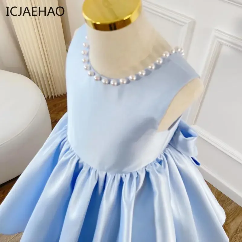 2025 Baby Girl Dress Sleeveless Satin Beading Simple Solid Color Children Princess Kid Noble Clothing Birthday Gift