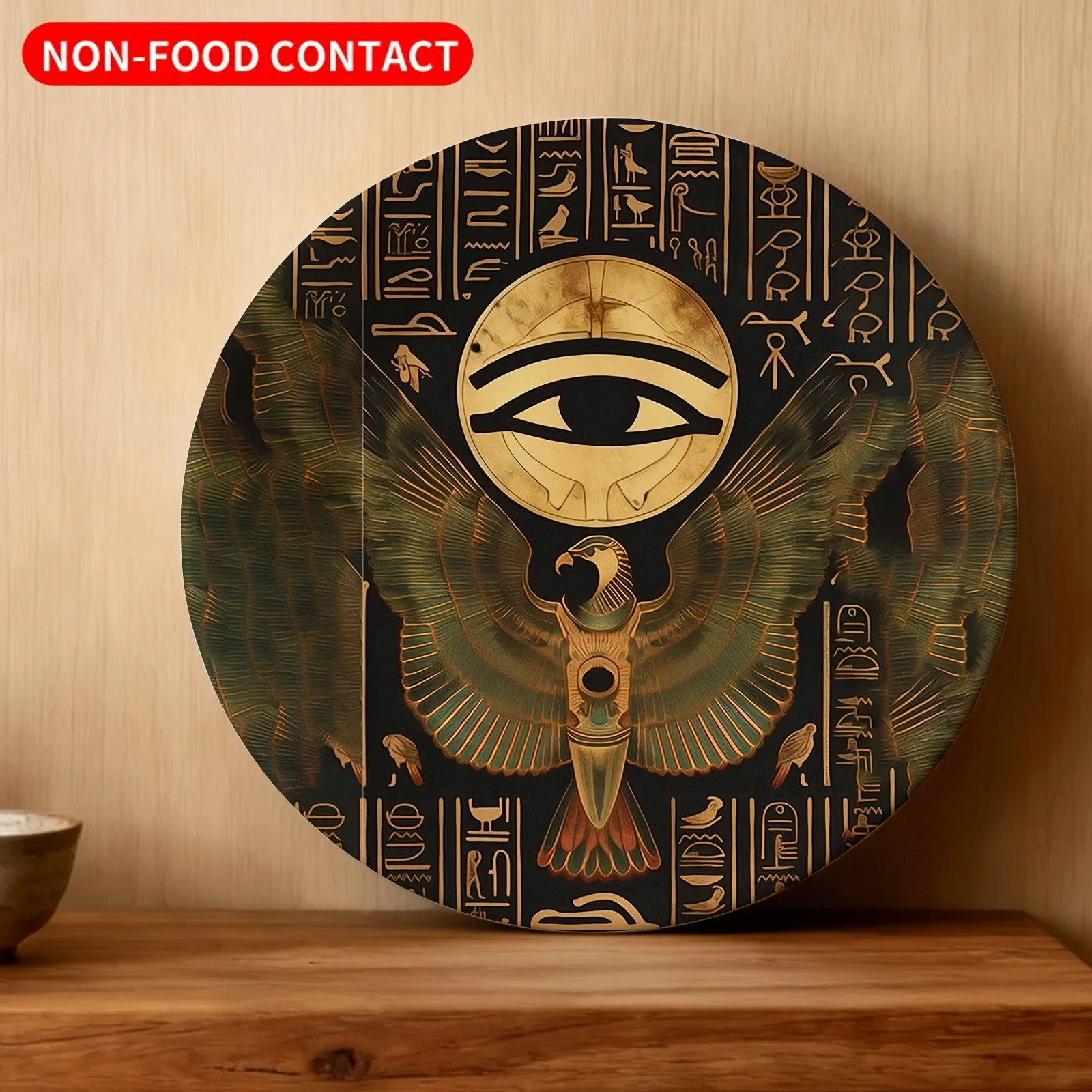 1pc of colorful ceramic plate with eagle and eye design surrounded by Egyptian hieroglyphics, modern ceramic decorative plate,
