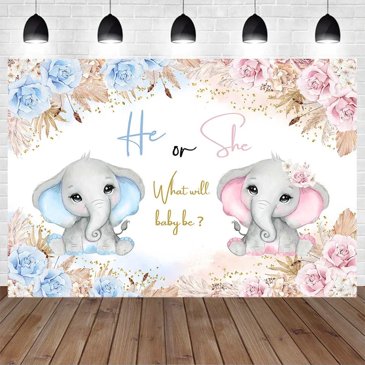 

Mocsicka Gender Reveal Party Backdrop Elephant He or She What Will Baby Be Birthday Flower Pampas Grass Photography Background