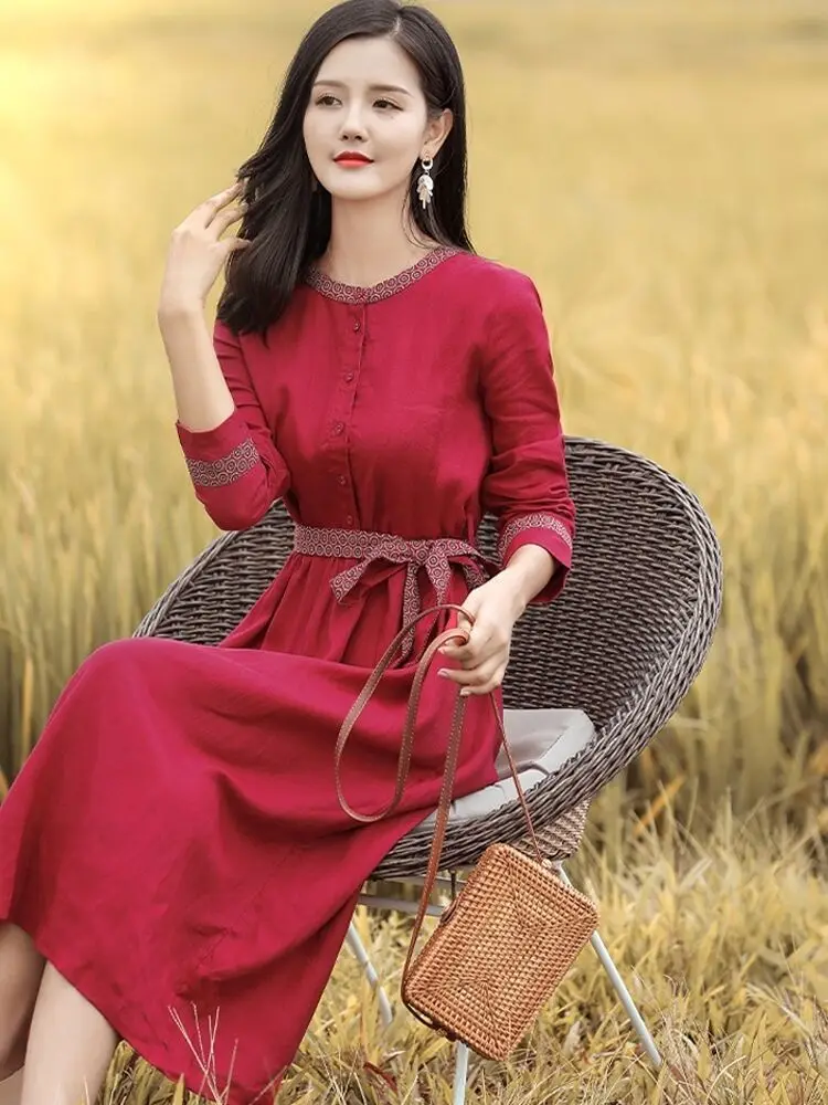 Ethnic Waist Slimming Dress Retro Style Lace-up Cotton and Linen Long Skirt
