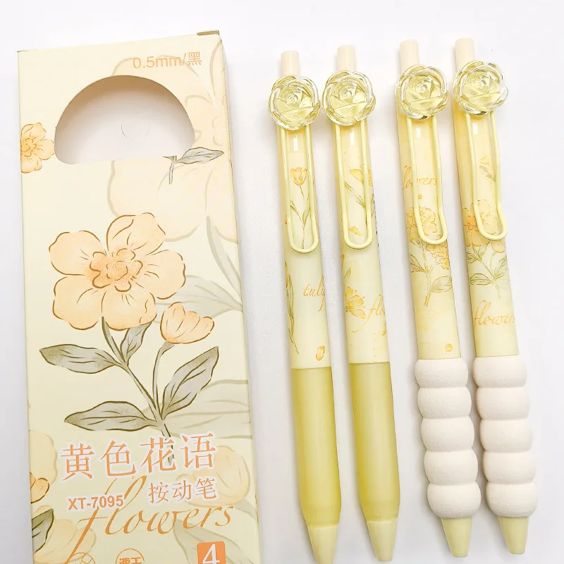 4 Pcs/Set Romantic Flower Rose Poem Gel Pen for Girl Student Soft Holder 0.5mm Black Ink Writing Pens School Office Stationery