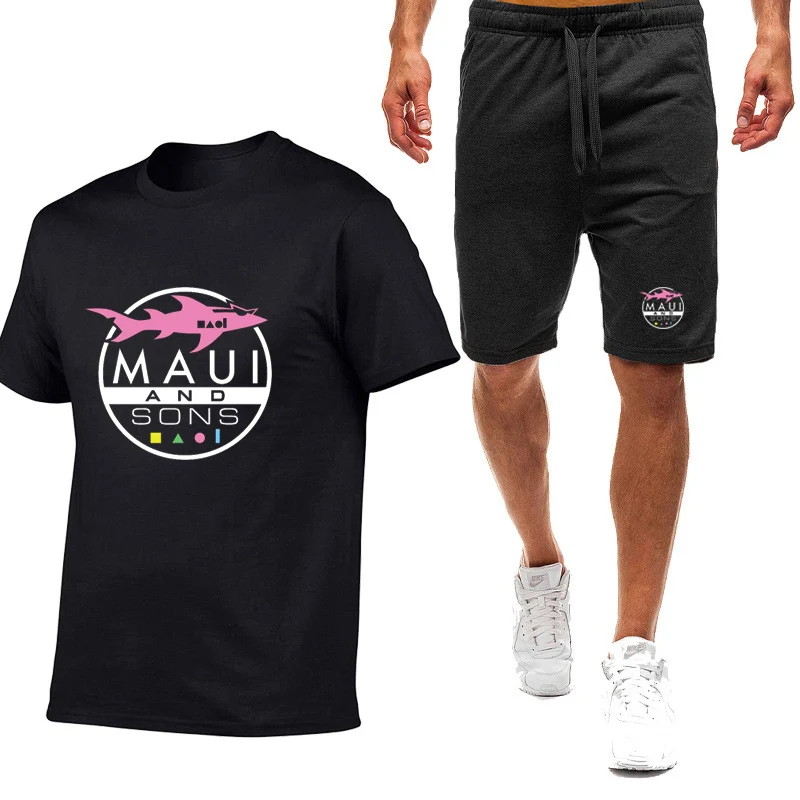 Maui And Sons Shark 2025 Hot Selling Summer New Men's Short Sleeved Casual Breathable Cotton T-shirt+Premium Half Pants Suits