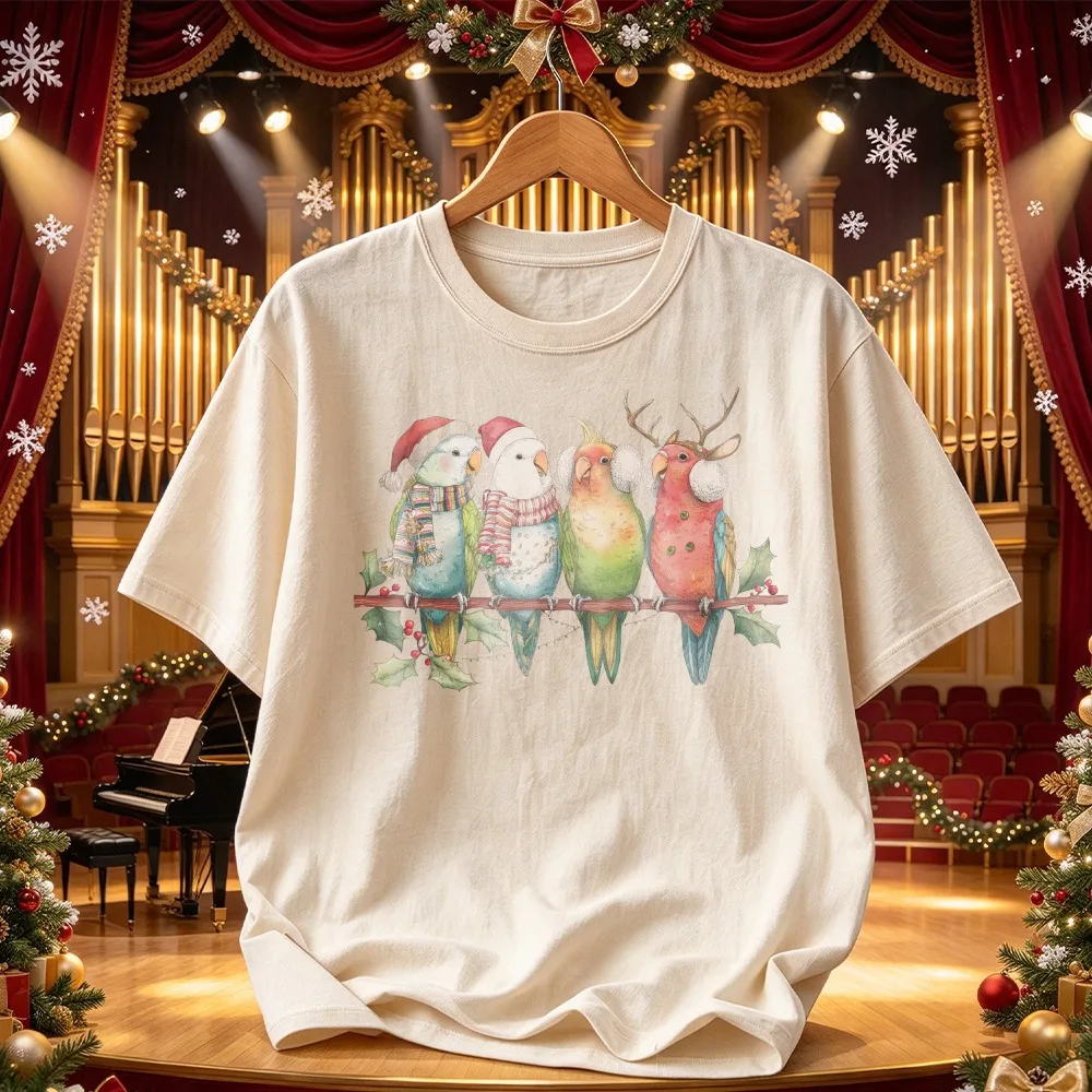 Graphic Tee Christmas Parrot T Shirt Festive Colorful Holiday Birds Graphic Tee Santa Hat Reindeer Horns Scarf Holly Print Shirt