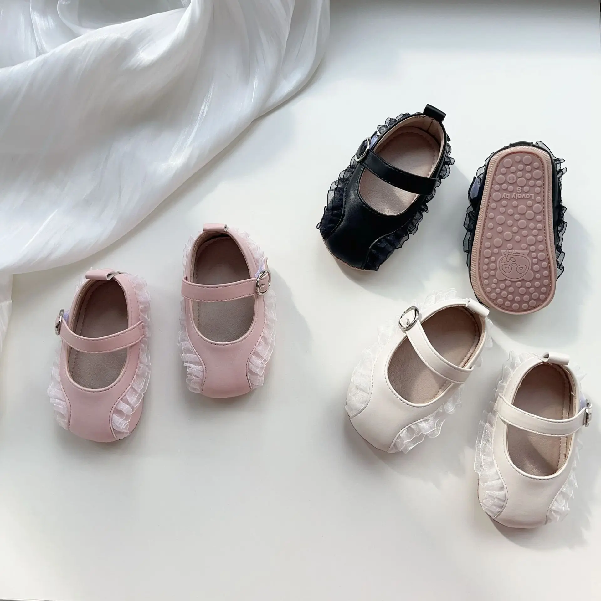 

Baby girl princess style spring autumn fashion lace edge soft sole wear-resistant Velcro walking shoes