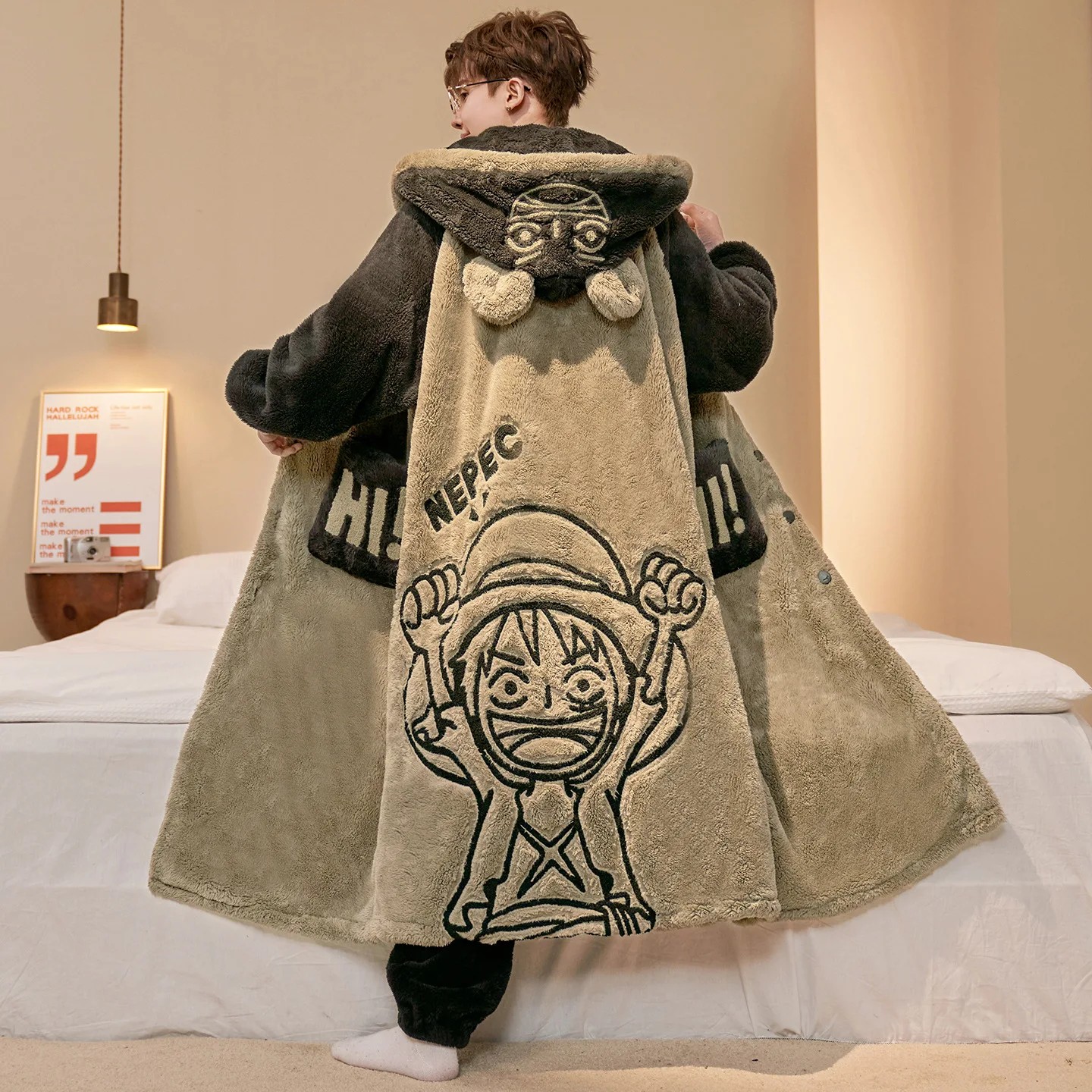One Piece Luffy Bathrobe Anime Winter Men Coral Fleece Long Style Thicken Robe Pants Set Cartoon Hooded Home Loungewear Pajamas