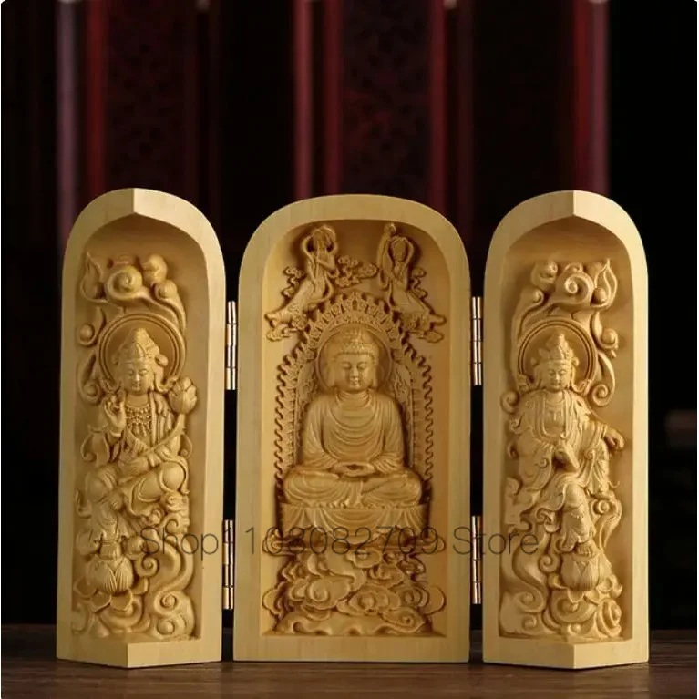 Boxwood Wood Carved Decor Three Open Box Guanyin Guan Yu Ksitigarbha Three Holy Buddhas Craft Home Decoration Ornament Statue