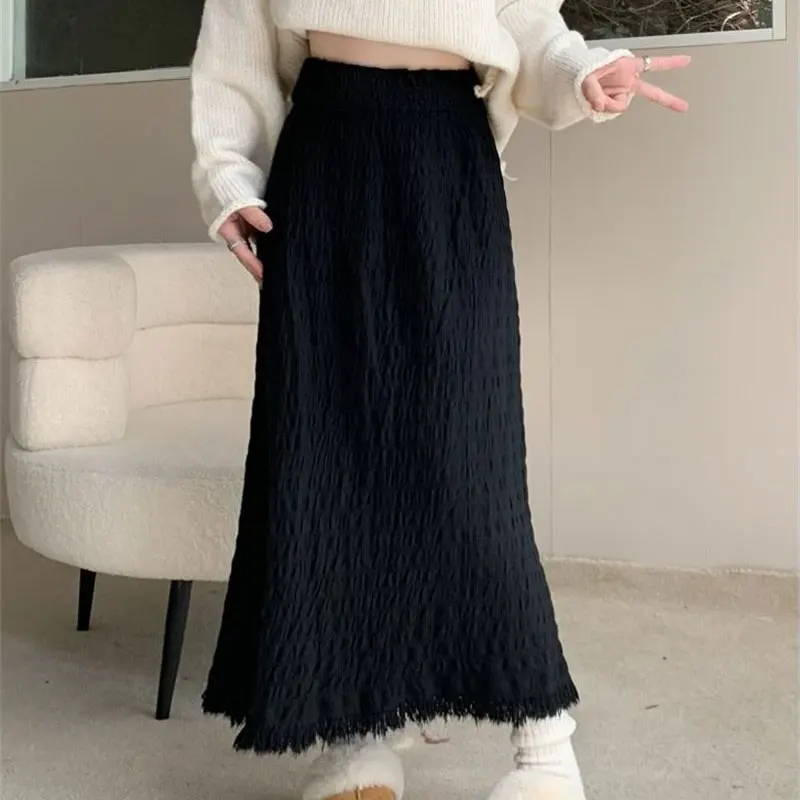 

Stylish Folds Bag Hip Knitted Skirts Autumn Winter Vintage High Waist Elastic Female Clothing Tassel Solid Color Midi Skirts New