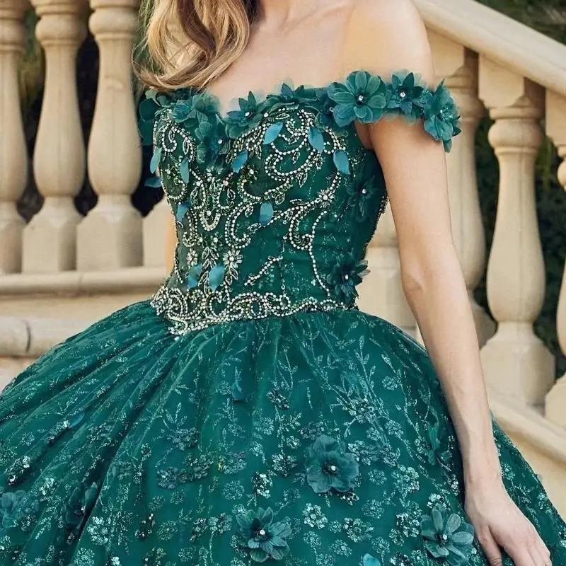 Messicano Vestido De 15 Anos verde smeraldo Abiti Quinceanera Appliques di pizzo perline di fiori corsetto dolce 16 vestito Abiti Da Cerimoni