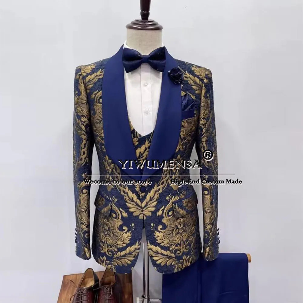 

Bronzing Jacquard Men's Suits Wedding Groom Tuxedo 3-piece Set Royal Blue Formal Party Dress XS-5XL Elegant Man Customized Suit