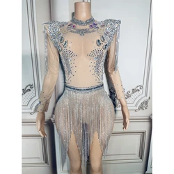 Sparkly Rhinestone Fringes Leotard Sexy Mesh See Through Party Nightclub Birthday Outfit Performance Dance Costume Stage Wear