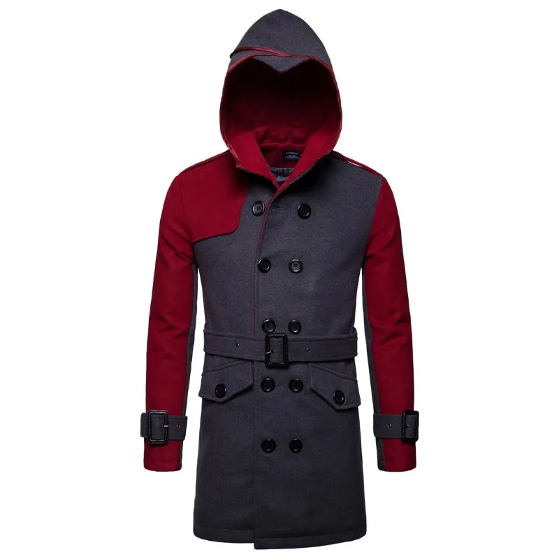 Foreign Trade Men's Clothing, New Double-breasted Hooded Belt Medium and Long Trench Coat B042