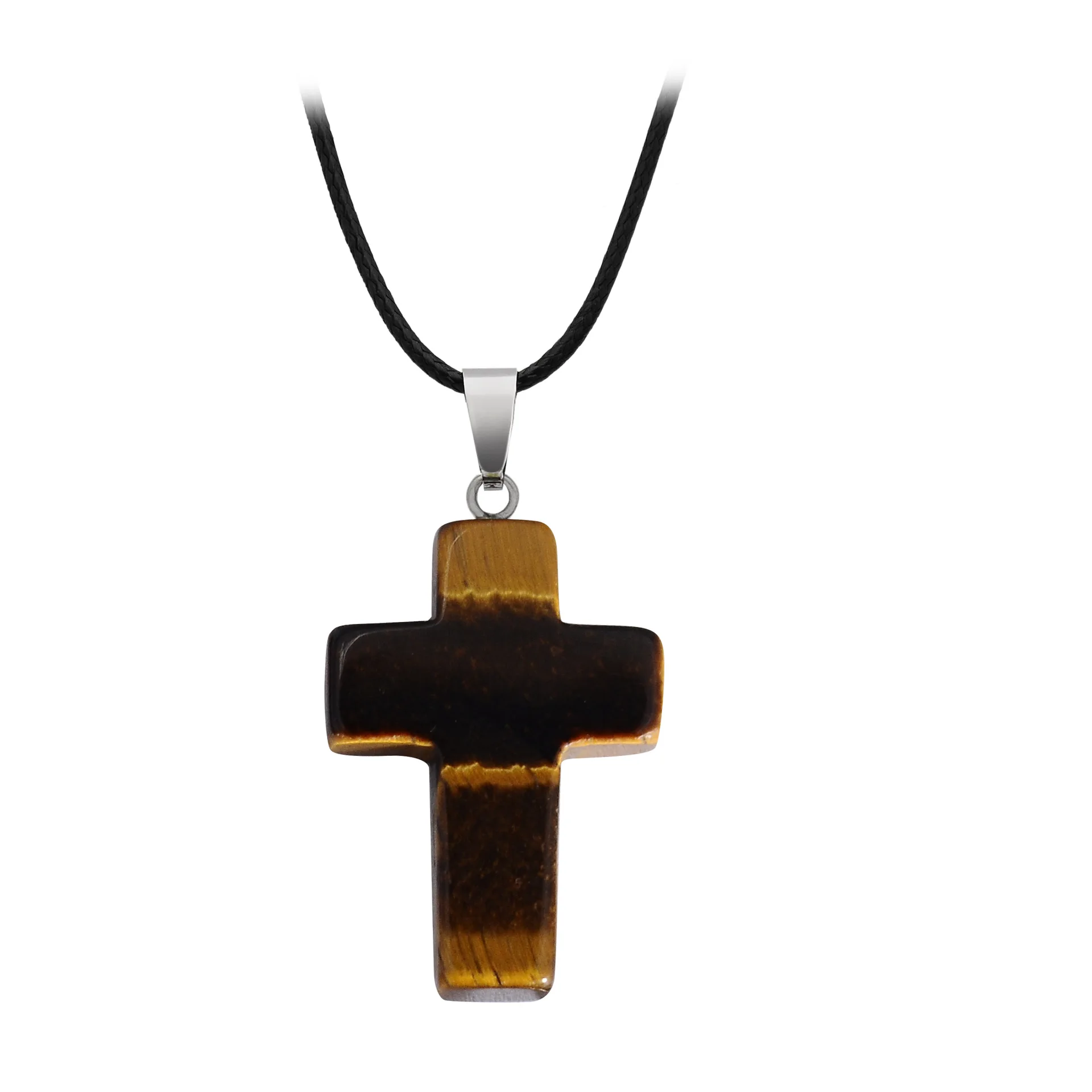 Farsighte star Natural Stone Cross Pendant Necklace Ladies Men Tiger Eye Necklace Black Leather Strap Quality Necklace Jewelry