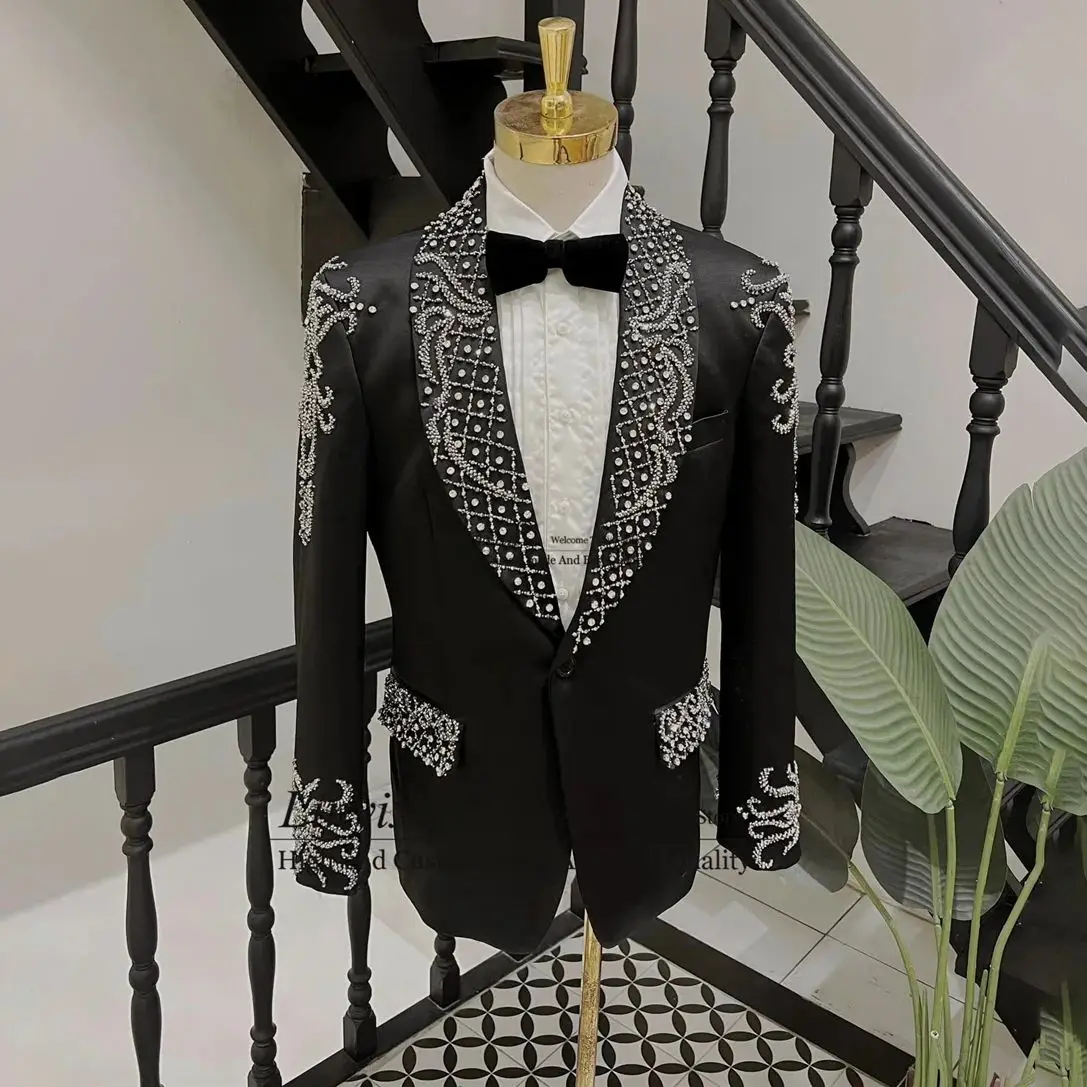 

Luxury Beaded Groom Wedding Tuxedos Peaked Lapel Men Suits 2 Pieces Sets Dinner Party Male Prom Blazers Slim vestido de novia