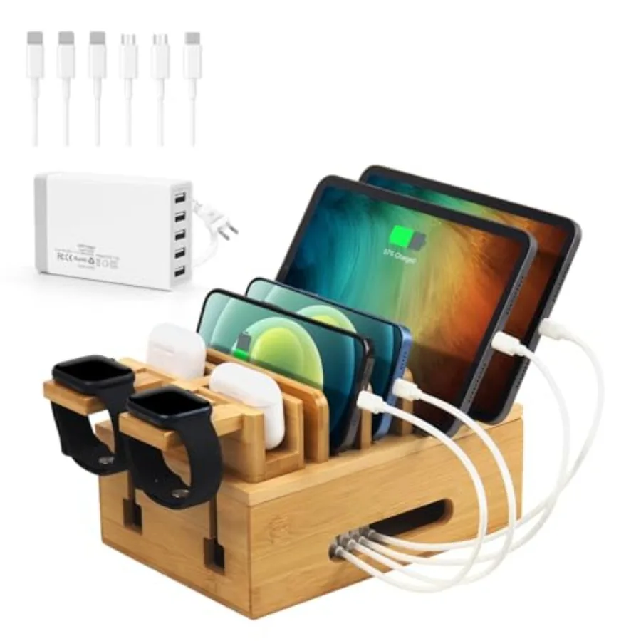 

Бамбуковые зарядные станции для нескольких устройств с 5-портовым USB-зарядным устройством, 6 кабелями, настольная деревянная док-станция-органайзер для зарядки