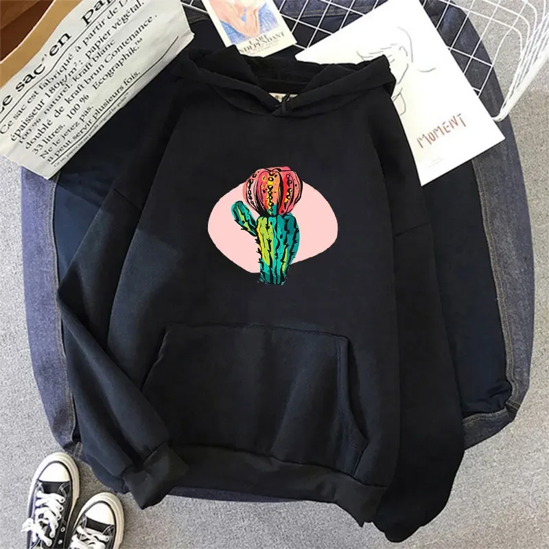 

Abstract Cactus Print Hoodies Casual Teens Daily Outdoors Wear Spring Long Sleeve Sweaters Loose Pullover Tops