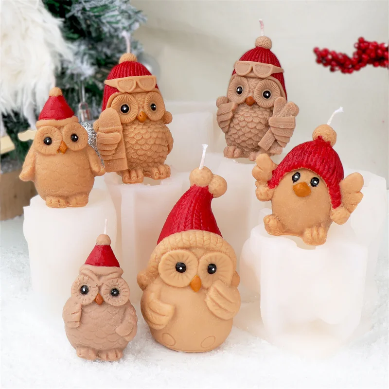 3D-Eule mit Weihnachtsmütze, Silikon-Kerzenform, DIY niedliches Tier-Design, Kerzen, Gips, Urlaub, Heimdekoration