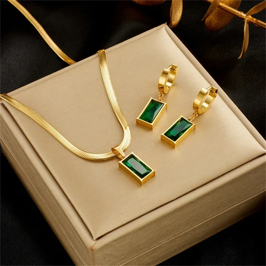 Stainless Steel Fashion Snake Chain Inlaid Flat Snake Chain Emerald Crystal Pendant Necklace Earrings Women Wedding Jewelry Set