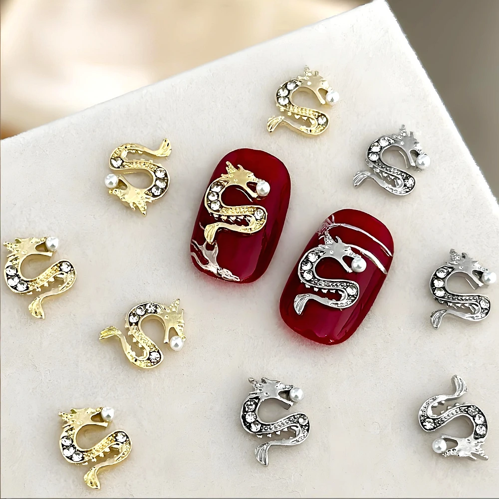 10PCS Chinese Dragon Loong Nail Art Charms Alloy Parts Rhinestone Pearl Accessories For Manicure Nails Decoration Supplies Tool