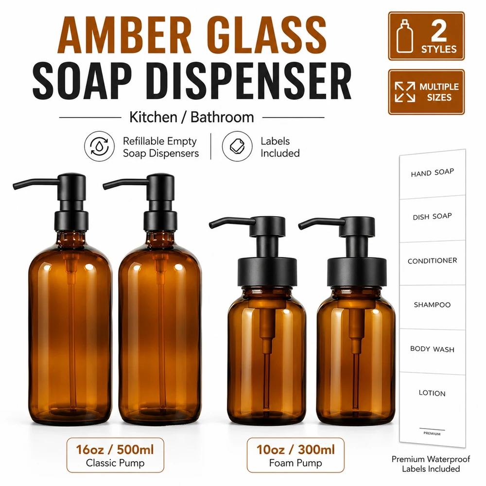 250/500ml Amber Glass Soap Dispenser Foam Pump Bottles with Waterproof Labels for Kitchen Bathroom Hand Dish Soap Shampoo Lotion