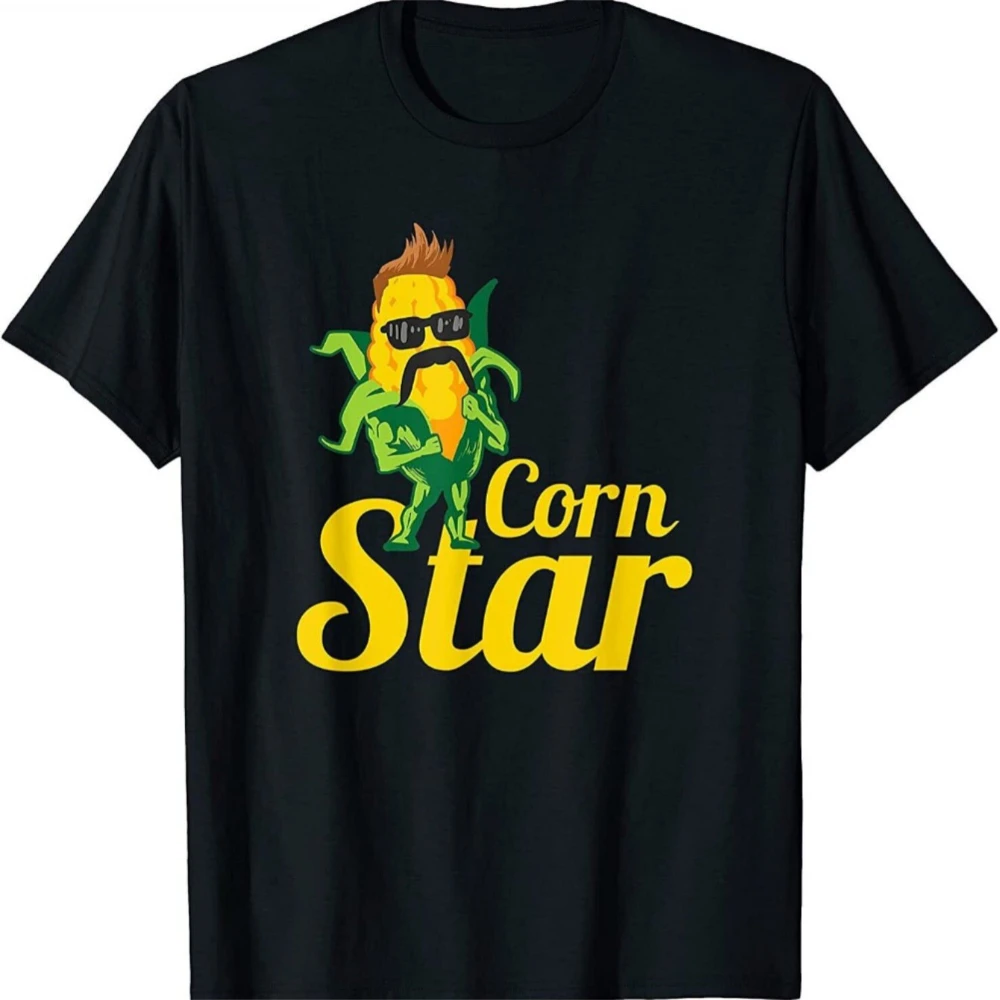 Casual Black Short-Sleeve Shirt for Men in Summer Featuring Humorous Design with Corn Starry Glasses and Mustache