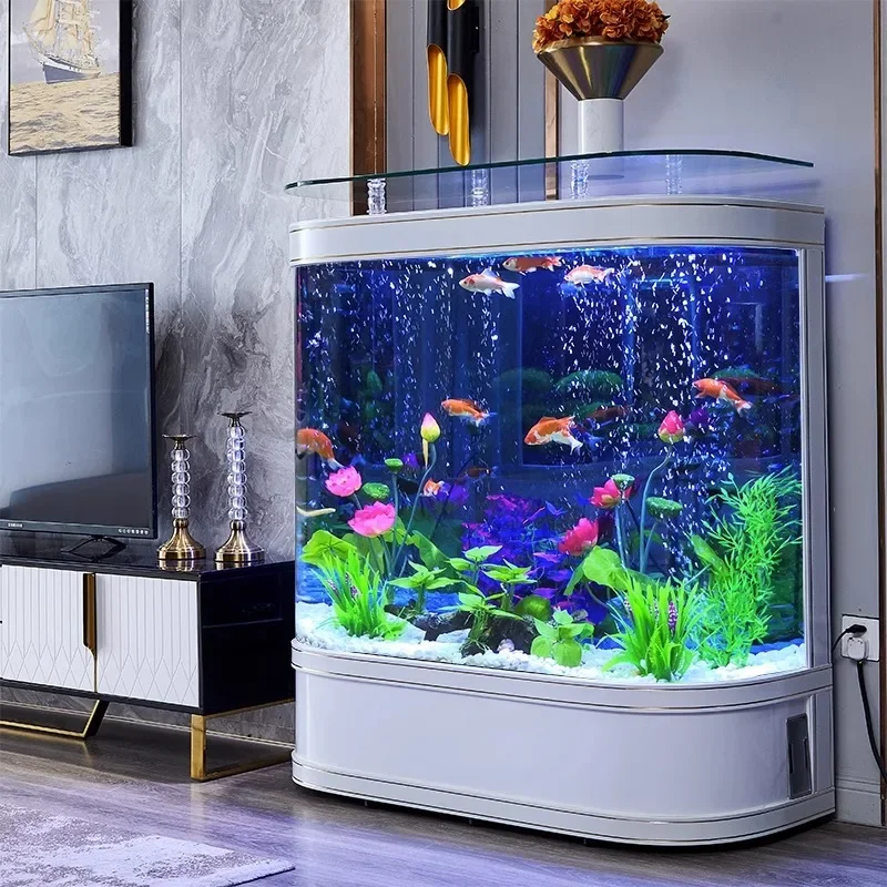 New light luxury fish tank living room household round floor large glass back filter tank partition