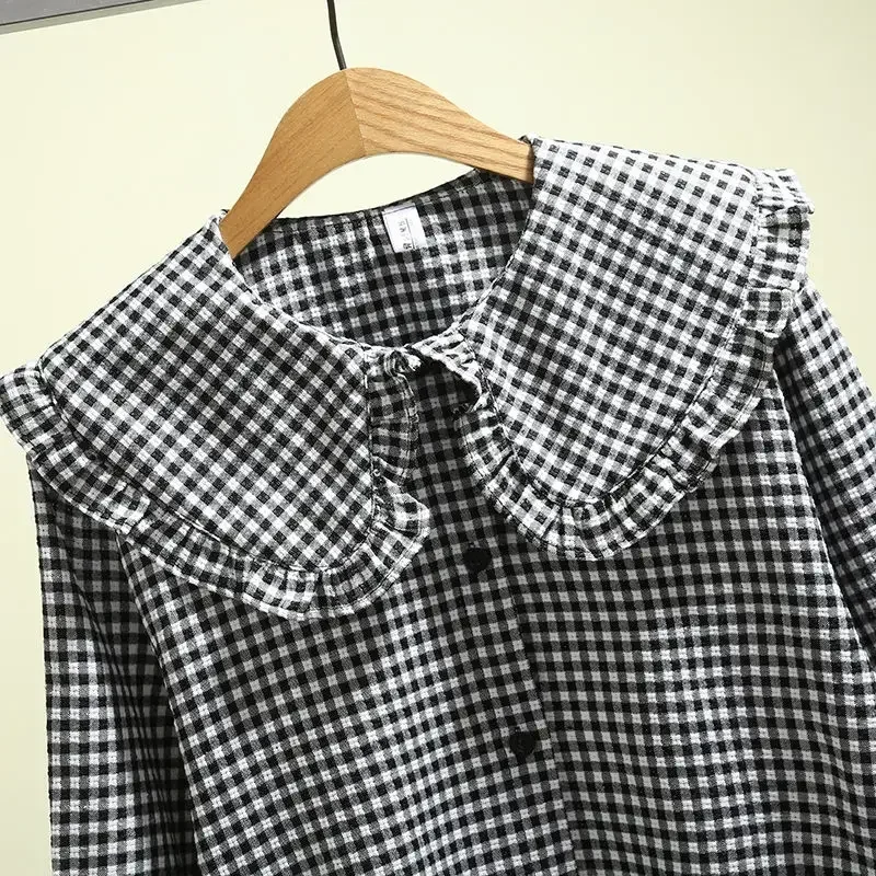 Women Blouse Spring Black  White Plaid Long Sleeve Loose-Fitting Shirt Coat Top Blusas Ropa De Mujer