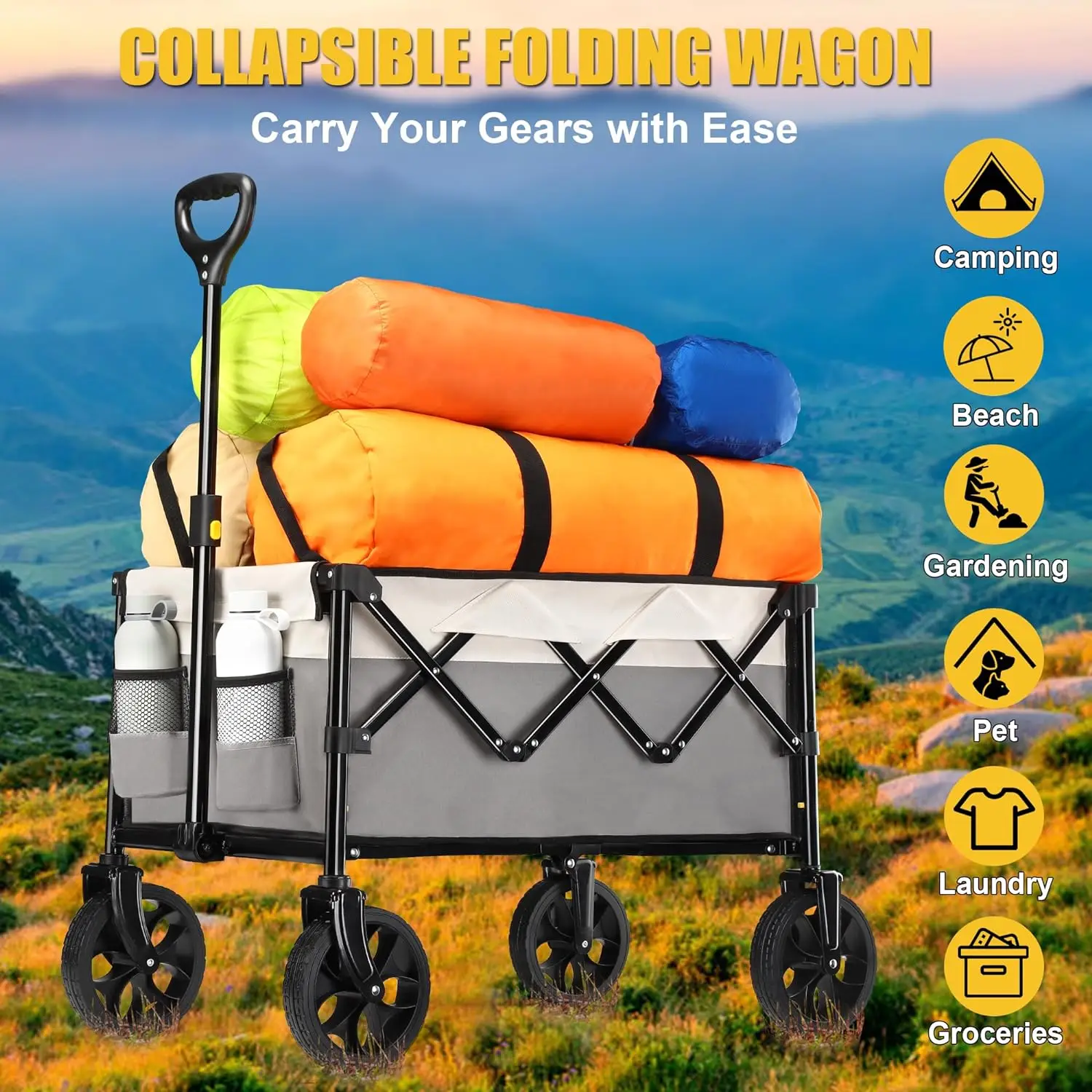 Collapsible Folding Wagon,Large Utility Wagon Cart Foldable,Folding Wagon Cart with All Terrain Wheels,Heavy Duty Garden Cart,Po