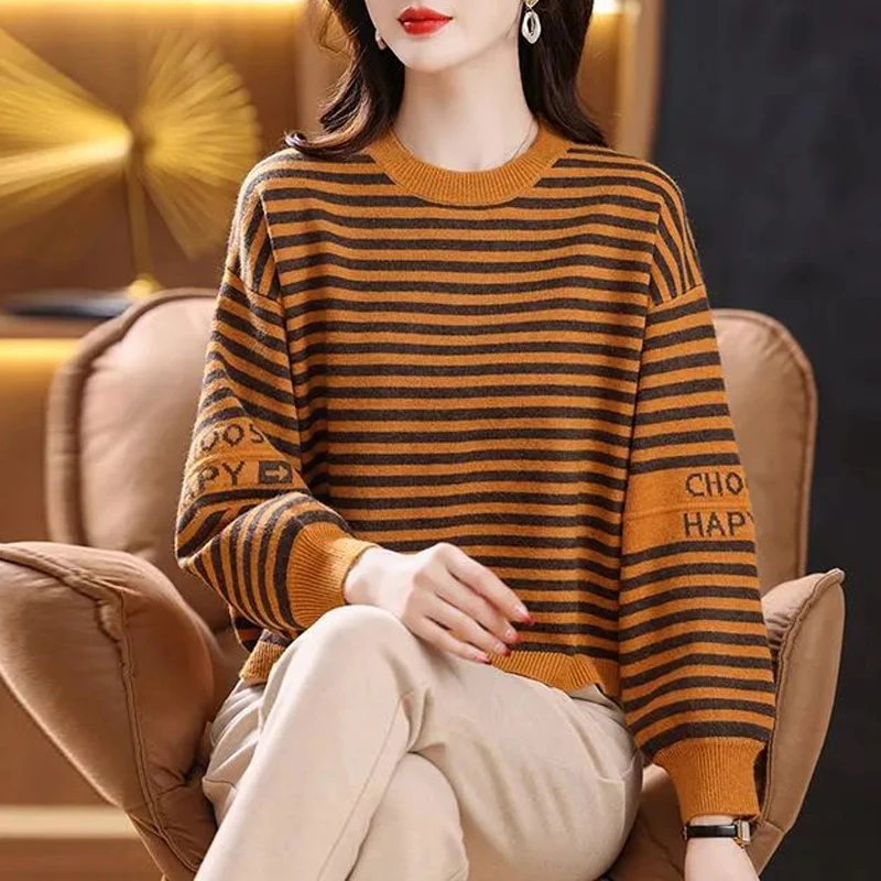 2023 Women Korean Style Striped Letter Chic Elegant Knitted Sweater Female Simple Casual Long Sleeve Pullover Tops Loose Jumpers