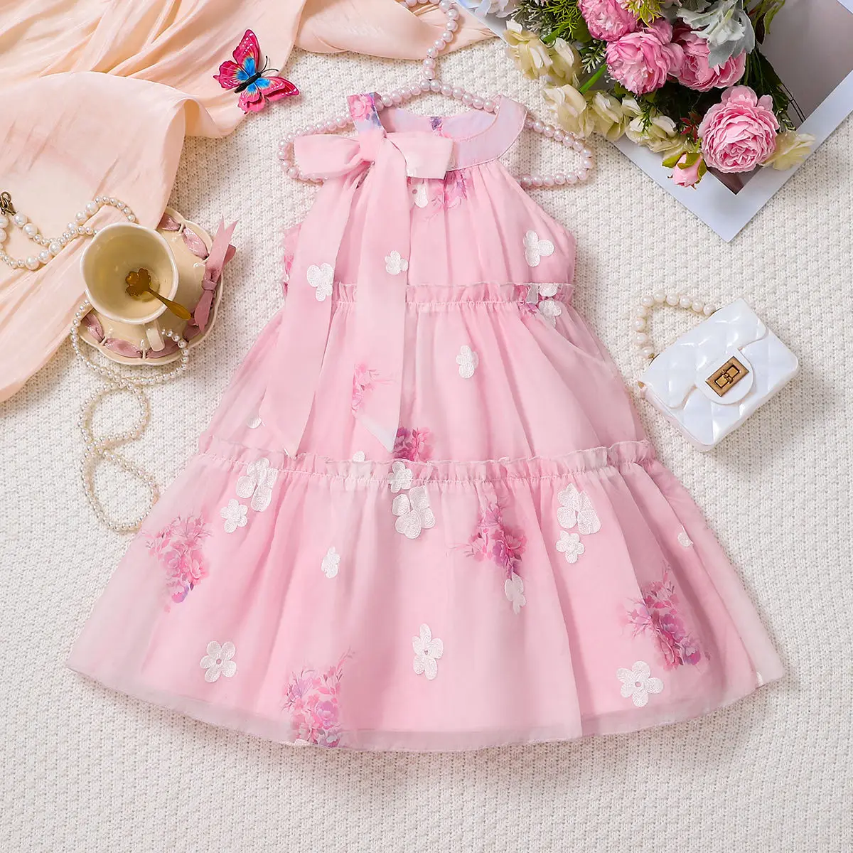 

Children's Clothing Girls' Dress Summer New Children's Foreign Style Skirt Girls Temperament Neck Long Skirt Suspender Skirt