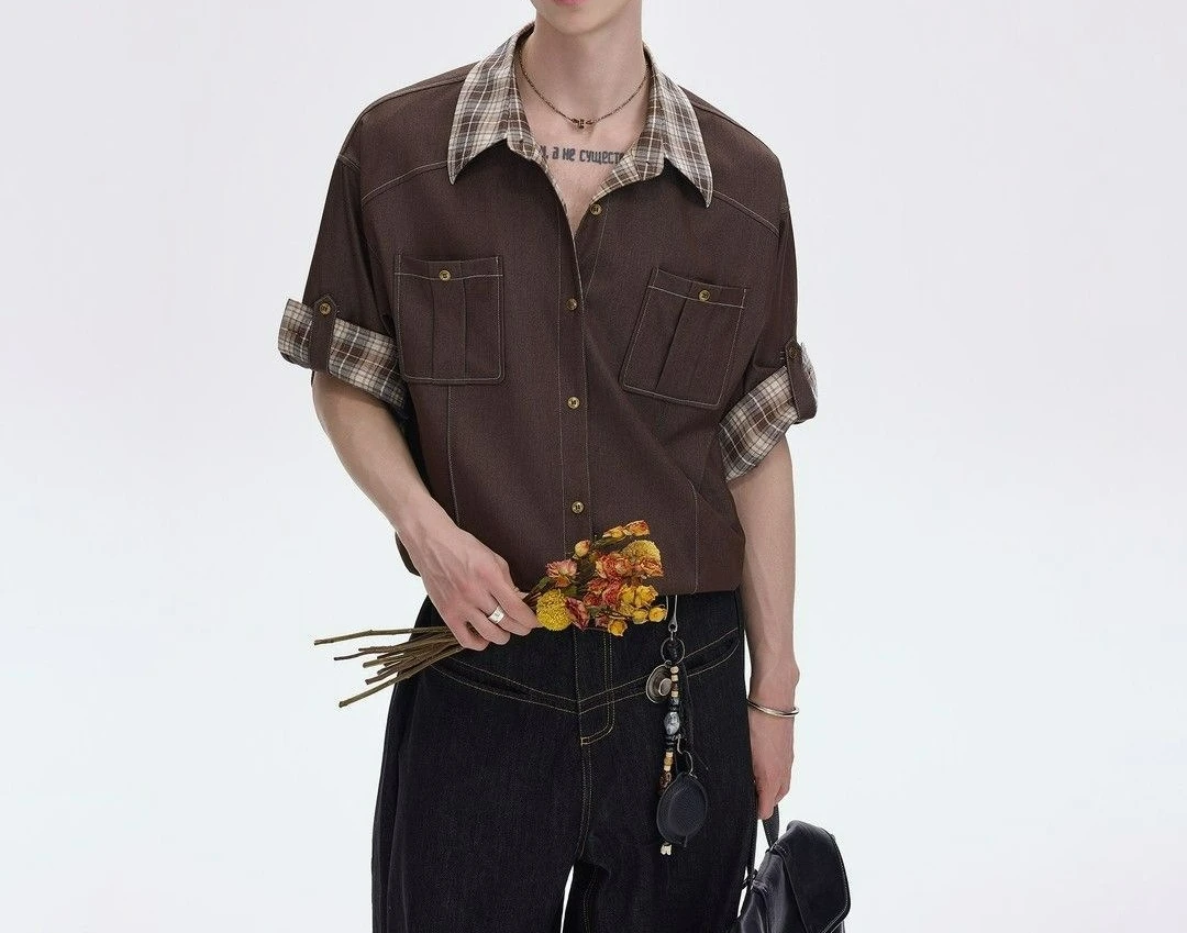 Fake Two-piece Plaid Splicing Short-sleeved Retro Summer Shirt 2026 Men's New Loose Casual