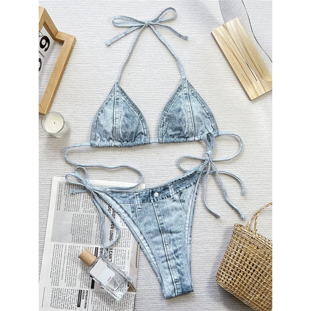 Denim-Bikini mit Print, Neckholder, Trägern und hohem Beinausschnitt, Damen-Badeanzug, zweiteiliges Bikini-Set, Badebekleidung, Badeanzug, Schwimmanzug V5779 – Detail 9