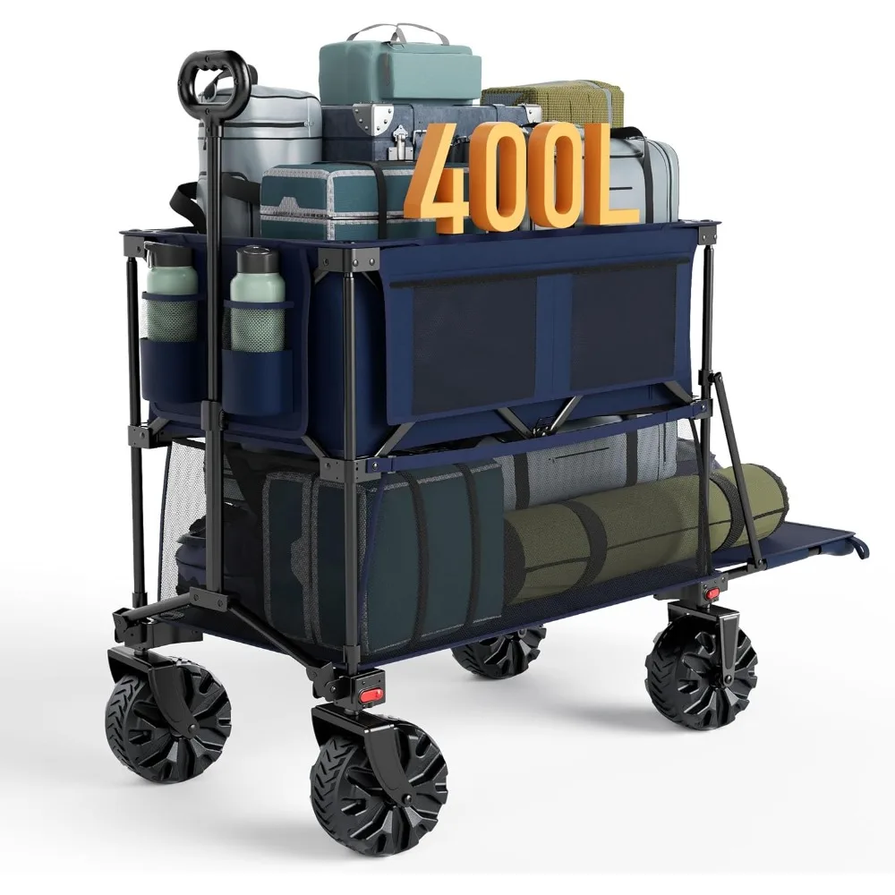 

collapsible double decker folding wagons, sports wagon with tailgate, big wheels, 450lb heavy duty 14 ft foldable cart for camp