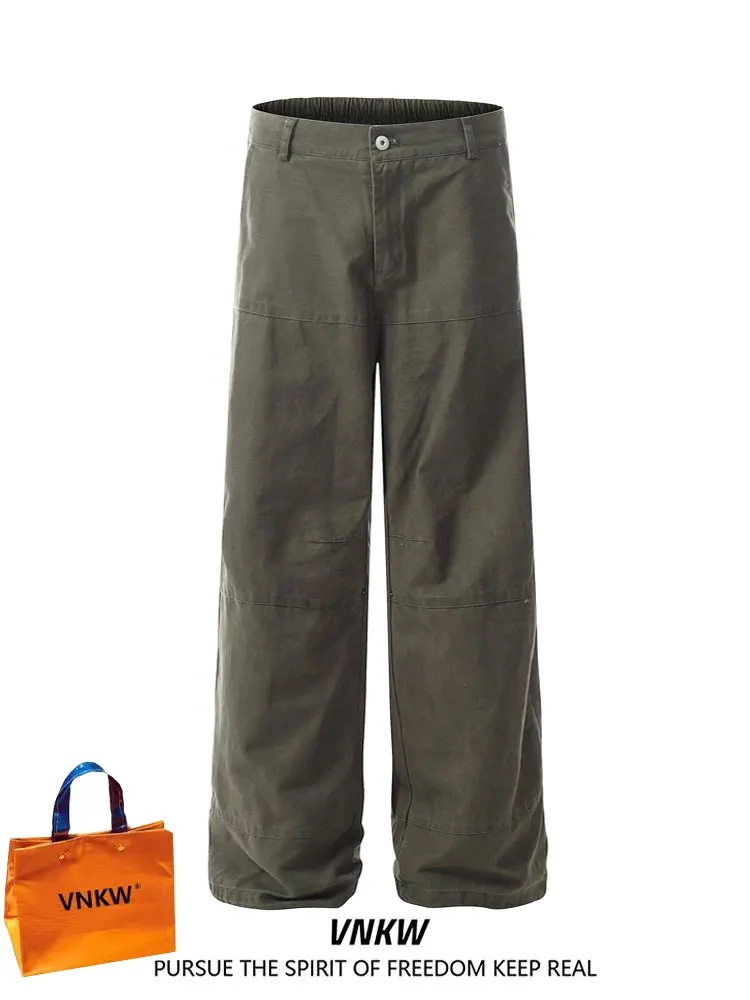 

American Sle Straight Leg Work Pants Men's Loose Casual Wide Leg Pants Vintage Distred Elastic Waist Casual Long Pants