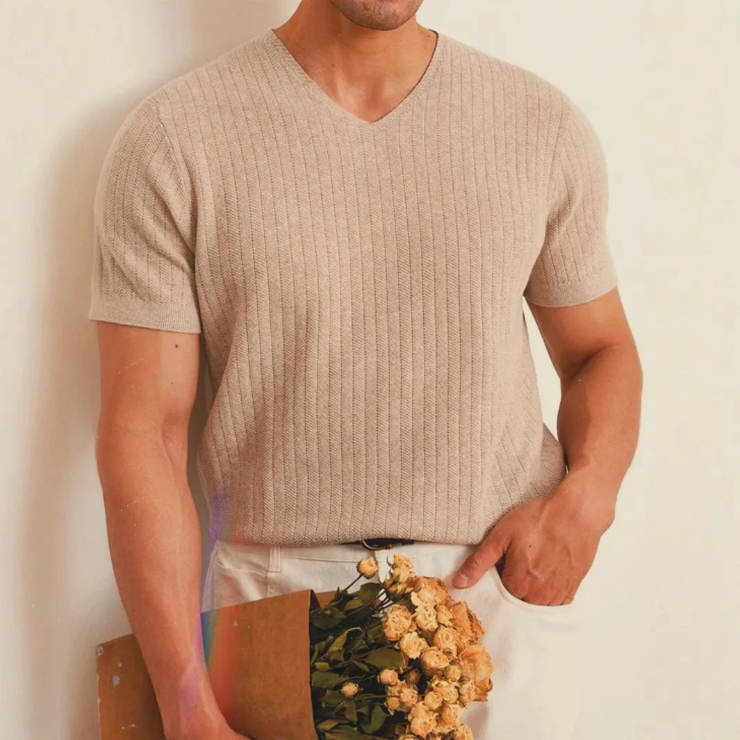 Summer Thin V-neck Knitted Sweater Men's Slim-fitting Casual Design Vertical Pattern Short-sleeved T-shirt