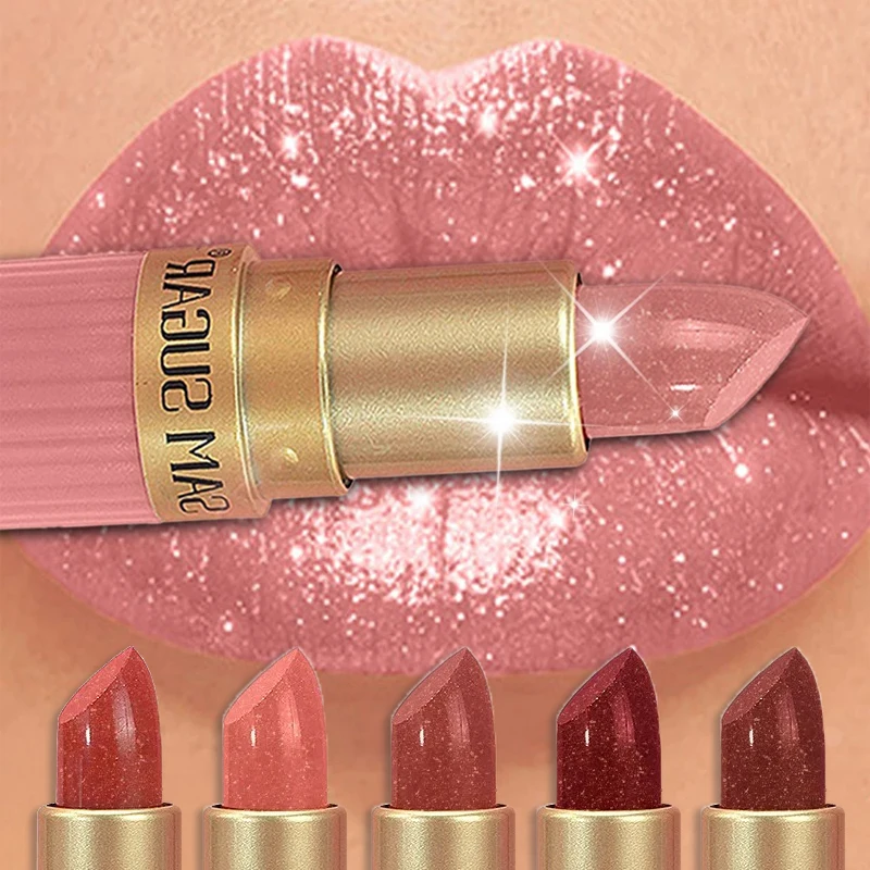 Pearlescent Pink Glitter Lipstick Metallic Waterproof Long Lasting Nude Matte Velvet Lip Stick Shimmer Diamond Women Sexy Makeup