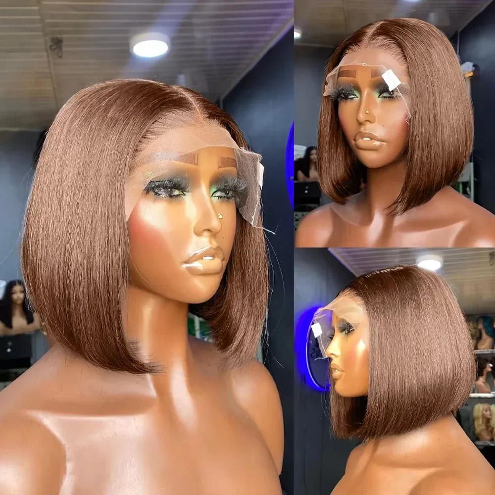 

#4 Straight 13x4 Lace Frontal Human Hair Bob Wig Chocolate Brown Short Straight Bob Wig 14 Inches 200 Density For Women