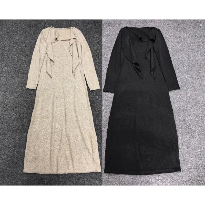 Nordic VKC style~Elegant design with lace up high neck slim knit dress, long skirt+batsleeved cape shirt