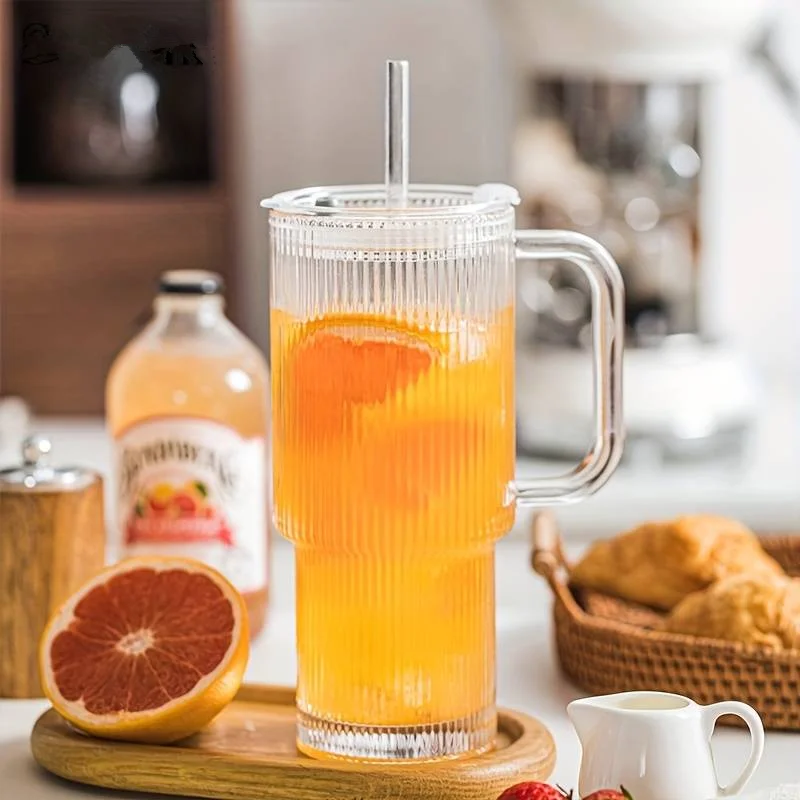 

Vertical Striped Glass Cup With Handle Lid Straw Large Clear Tumbler Iced Coffee Tea Juice Cup Summer Portable Drinking Mug