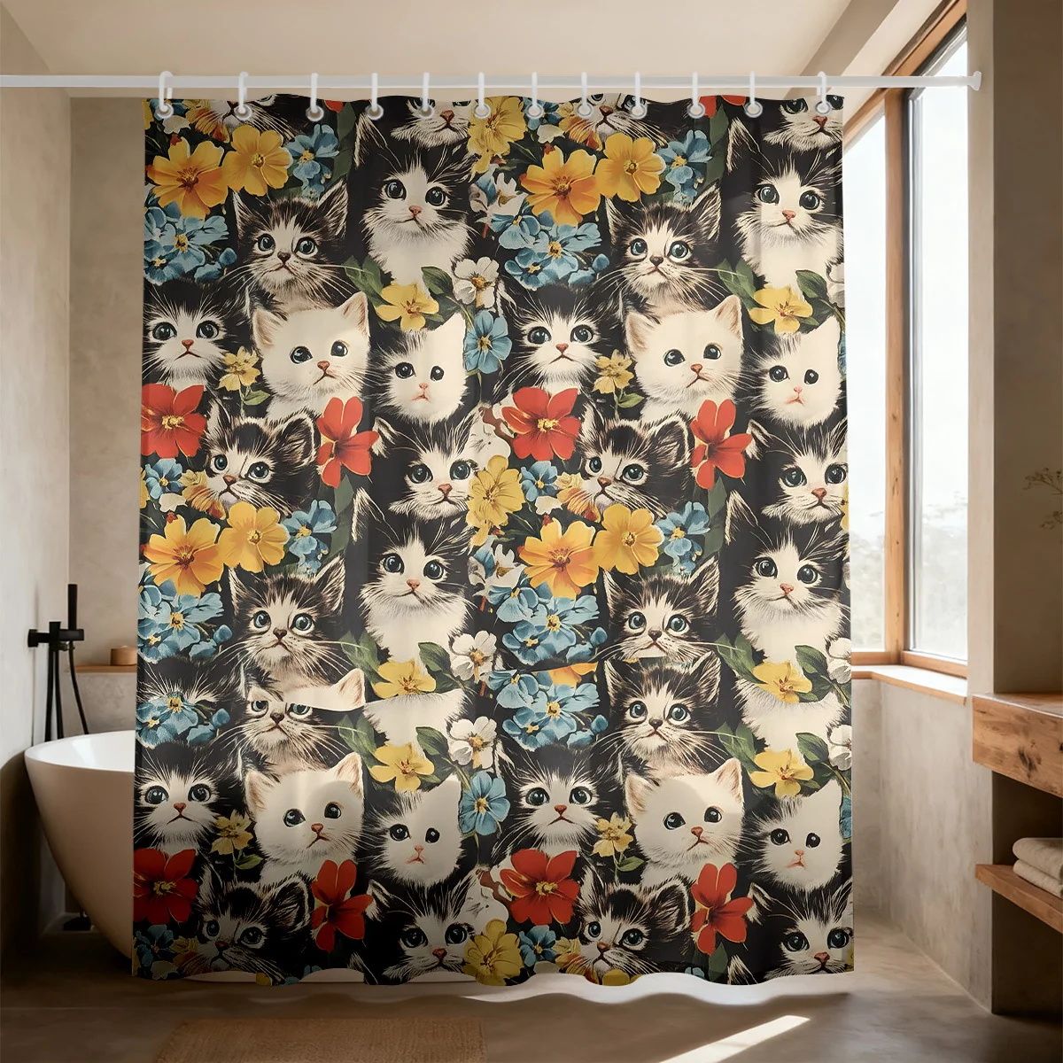 Vintage Style Cute Little Kittens Mixed With Bright Red Yellow Blue Blossoms Seamless Background Pattern Flannel Blanket