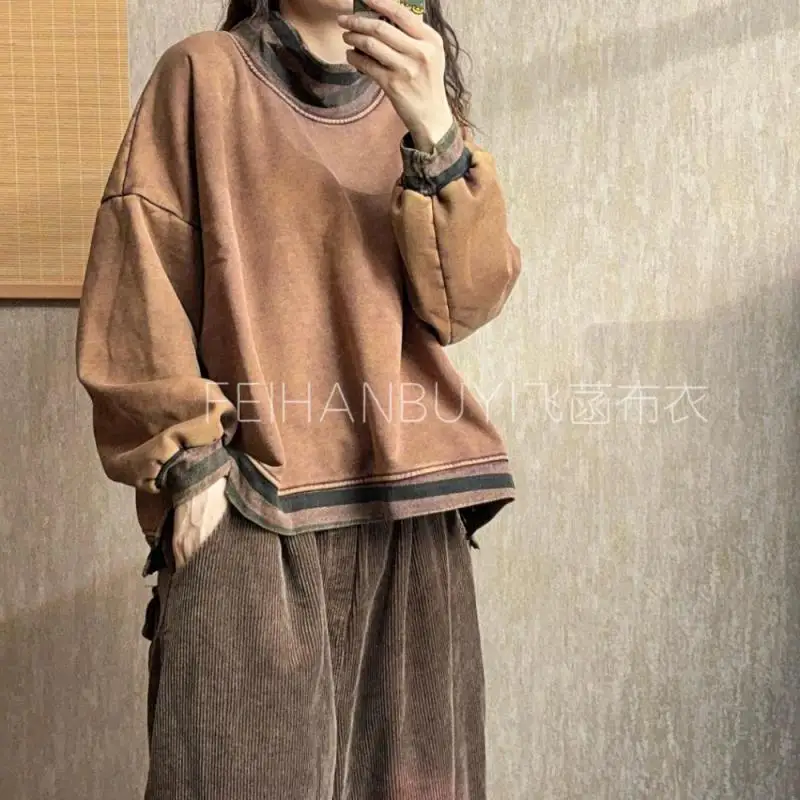 جديد الخريف الشتاء الفنون نمط المرأة طويلة الأكمام الياقة المدورة البلوفرات فضفاضة كل المتطابقة عادية رشاقته الدافئة هوديي جودة عالية